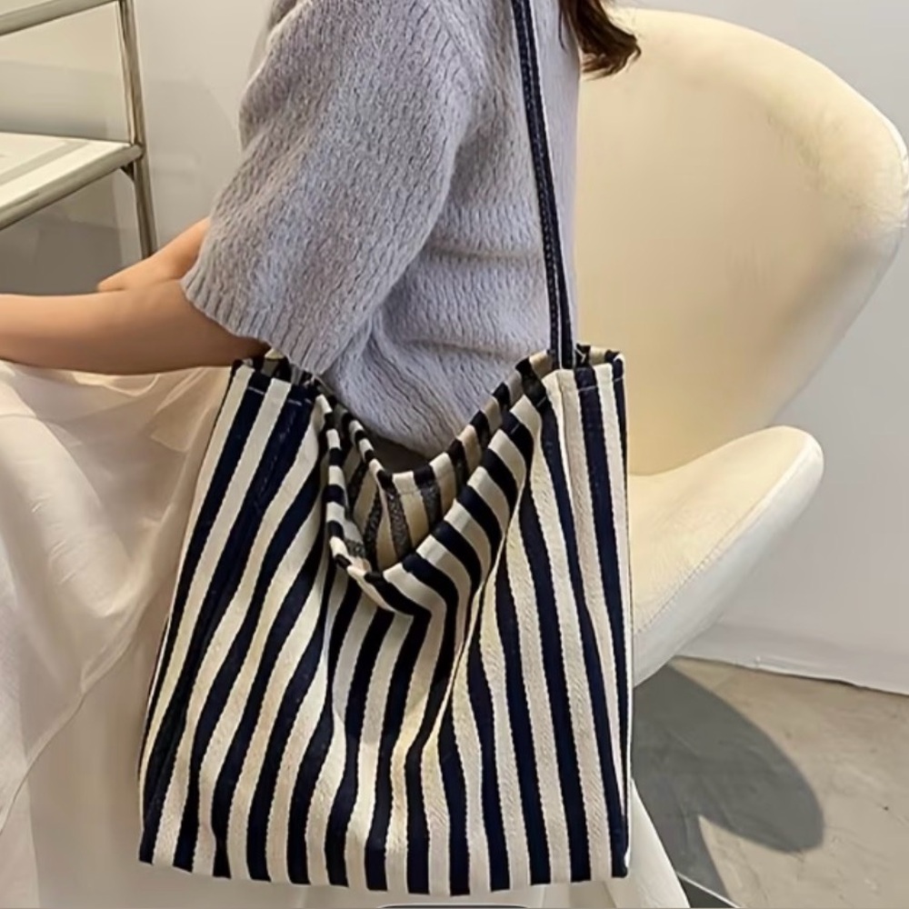 Black and White Striped Canvas Tote Bag